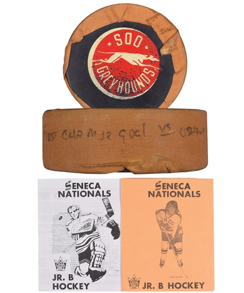 Wayne Gretzkys 1977-78 Soo Greyhounds First Goal of the Season Goal Puck Plus 1976-77 Seneca National Programs (2) – From Gretzky Legal Guardian Bill Cornishs Personal Collection! 
