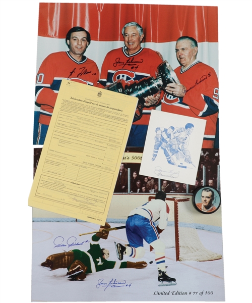 Montreal Canadiens Maurice Richard and Jean Beliveau Autograph Collection of 8 Including Richard, Beliveau and Lafleur Triple-Signed Photo