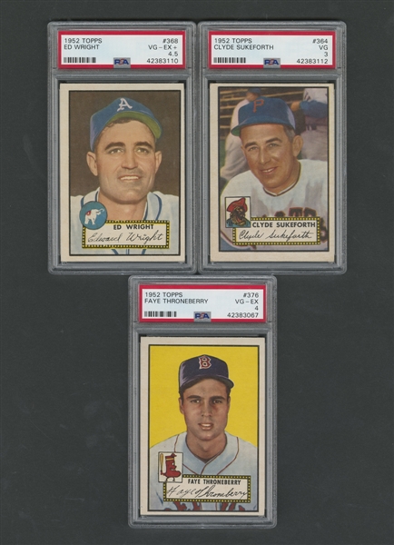 1952 Topps PSA-Graded Baseball Cards #364 Sukeforth (PSA 3), #368 Wright (PSA 4.5) and #376 Throneberry (PSA 4)