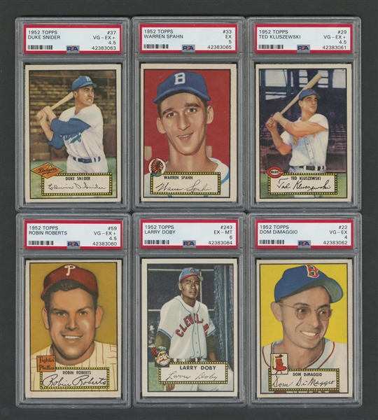 1952 Topps Baseball PSA-Graded Card Collection of 6 Including #33 HOFer Spahn (PSA 5), #37 HOFer Snider (PSA 4.5), #243 HOFer Doby (PSA 6) and #59 HOFer Roberts (PSA 4.5)