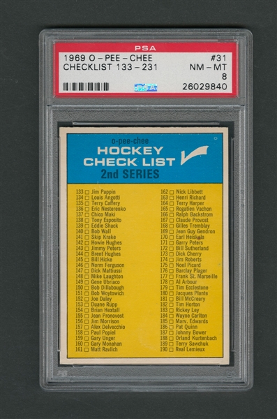 1969-70 O-Pee-Chee Hockey Card #31 Checklist Number 2 - Graded PSA 8 