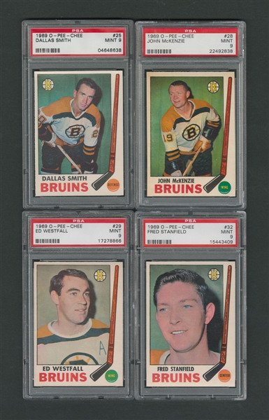 1969-70 O-Pee-Chee Boston Bruins PSA-Graded Hockey Card Collection of 4 - All Graded PSA 9 - Two Highest Graded!