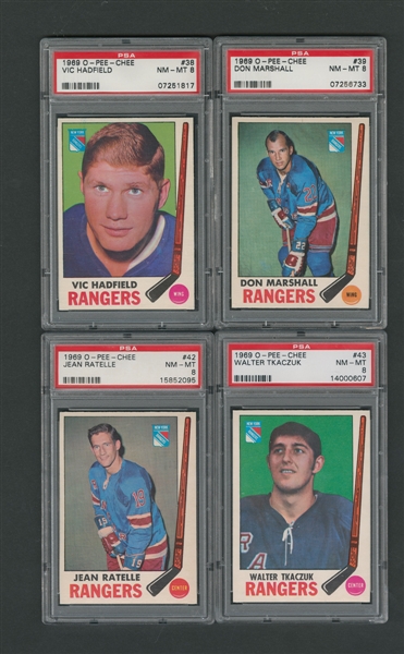 1969-70 O-Pee-Chee New York Rangers PSA-Graded Hockey Card Collection of 4 - All Graded PSA 8