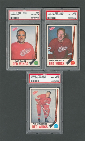 1969-70 O-Pee-Chee Detroit Red Wings PSA-Graded Hockey Card Collection of 3 - All Graded PSA 8