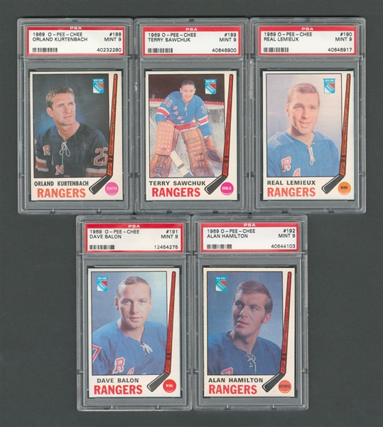 1969-70 O-Pee-Chee New York Rangers PSA-Graded Hockey Card Collection of 5 - All Graded PSA 9