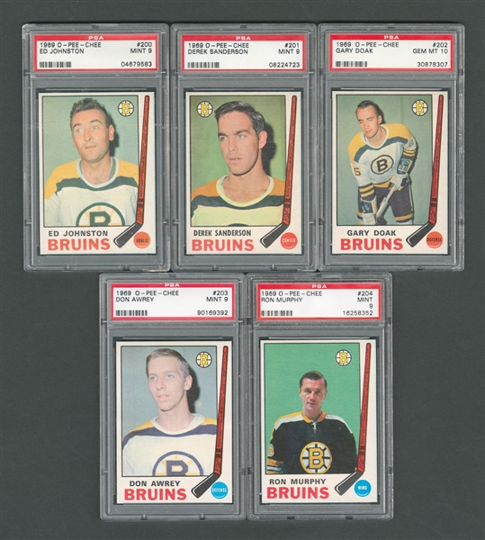 1969-70 O-Pee-Chee Boston Bruins PSA-Graded Hockey Card Collection of 5 - All Graded PSA 9 & 10 - Two Highest Graded!