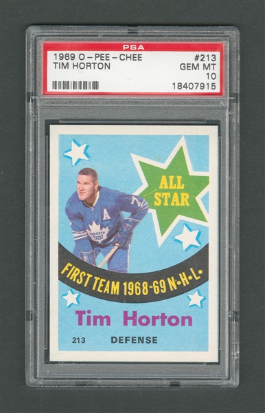 1969-70 O-Pee-Chee Hockey Card #213 HOFer Tim Horton All-Star - Graded PSA 10 - Highest Graded!