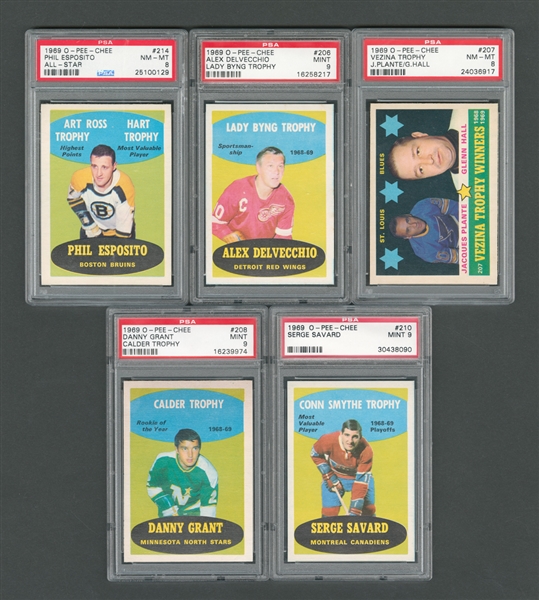 1969-70 O-Pee-Chee NHL All-Stars PSA-Graded Hockey Card Collection of 5 - All Graded PSA 8 & 9 - One Highest Graded! 