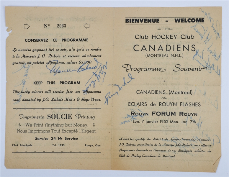 Montreal Canadiens 1951-52 Team-Signed Program by 16 Featuring 7 Deceased HOFers and Including Irvin, Harvey and Rocket Richard
