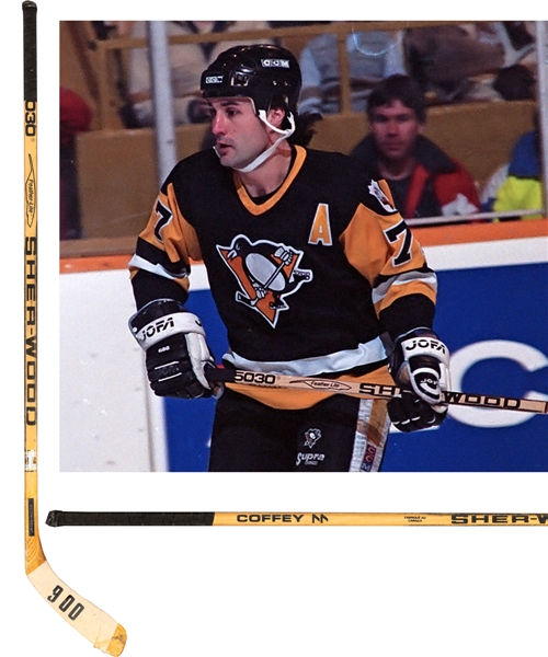 Paul Coffeys 1989-90 Pittsburgh Penguins "900th Point" Sher-Wood Game-Used Milestone Stick with LOA