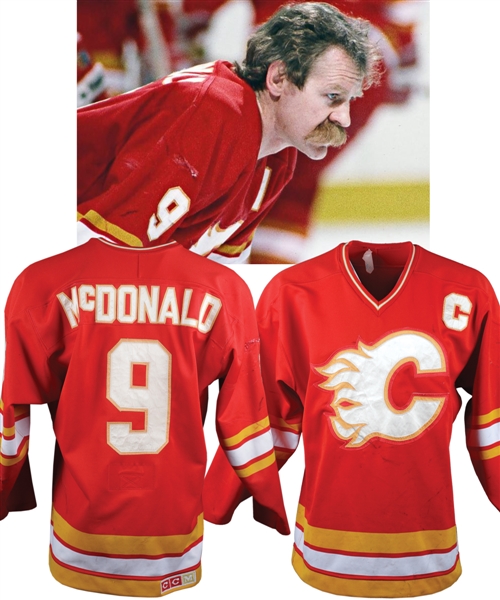 Lanny McDonalds 1985-86 Calgary Flames Game-Worn Captains Jersey with LOA - Nice Game Wear! - Photo-Matched!