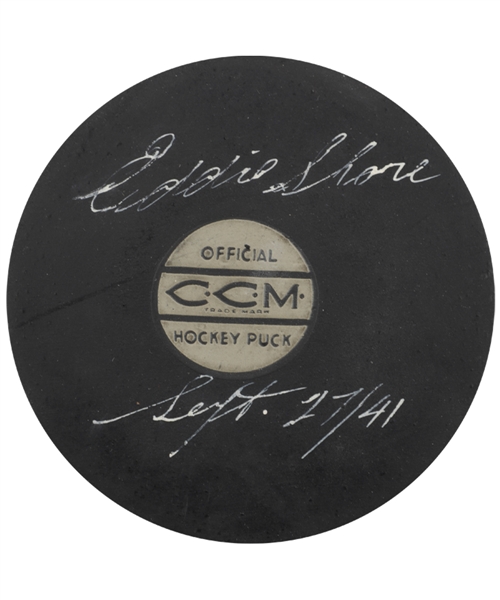 Deceased HOFer Eddie Shore Signed Vintage CCM Puck with "Sept. 27/41" Annotation - JSA LOA