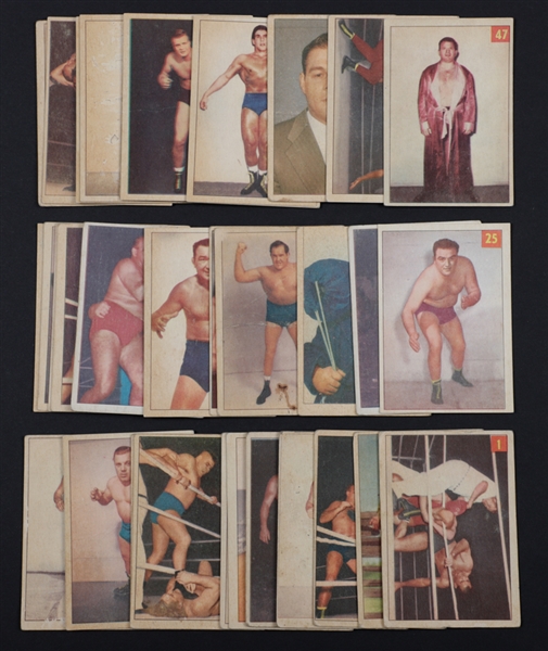 1954-55 Parkhurst Wrestling Card Collection of 55 Including 22 with Lucky Premium Backs