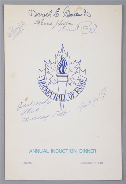 Hockey Hall of Fame 1981 Induction Dinner Program Signed by 6 Including Deceased HOFers Ziegler, Selke, Ballard and Campbell