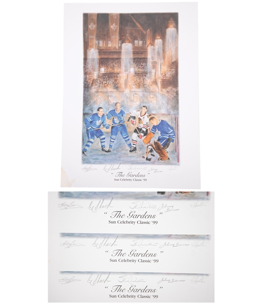 "The Gardens" Maple Leafs vs Blackhawks Multi-Signed Lithographs (7) Including Bower and Mikita from Vic Hadfields Personal Collection with His Signed LOA (21” x 28 ½”) 