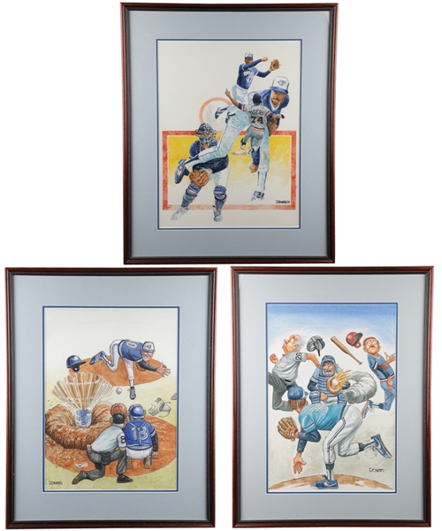 Toronto Blue Jays Original Framed Art (3) by Cartoonist Andy Donato from Vic Hadfields Personal Collection with His Signed LOA