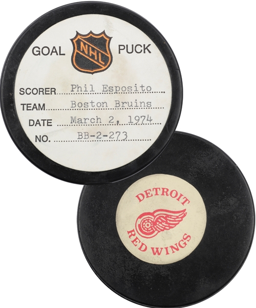 Phil Espositos Boston Bruins March 2nd 1974 Goal Puck from the NHL Goal Puck Program - 54th Goal of Season / Career Goal #452 of 717