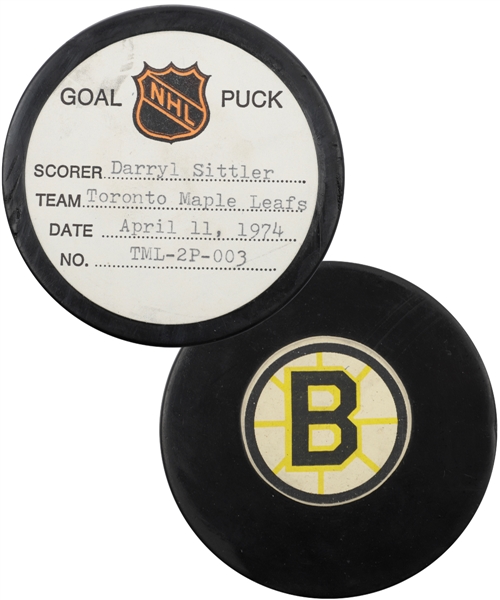 Darryl Sittlers Toronto Maple Leafs April 11th 1974 Playoff Goal Puck from the NHL Goal Puck Program - 1st Playoff Goal of Season / Career Playoff Goal #3 of 29