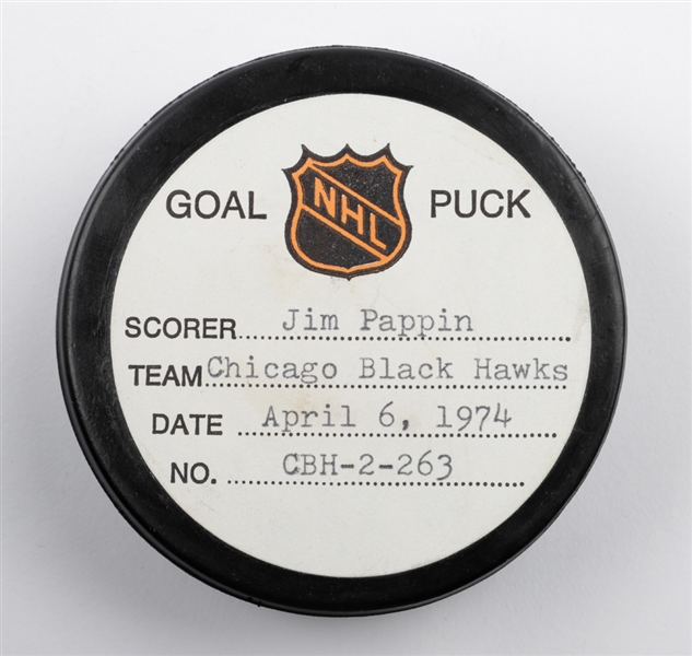 Jim Pappins Chicago Black Hawks April 6th 1974 Goal Puck from the NHL Goal Puck Program - 30th Goal of Season / Career Goal #232 of 278 - Game-Winning Goal