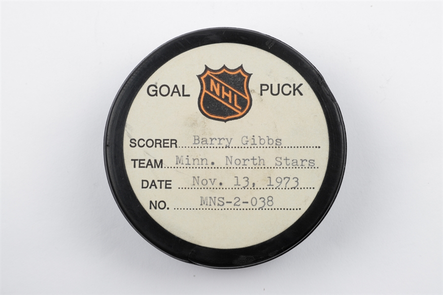 Barry Gibbs Minnesota North Stars November 13th 1973 Goal Puck from the NHL Goal Puck Program - 3rd Goal of Season / Career Goal #25 of 58