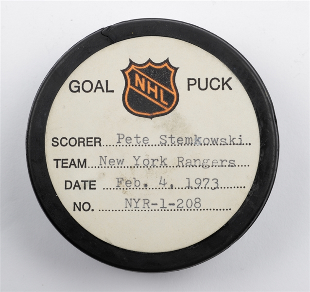 Pete Stemkowskis New York Rangers February 4th 1973 Goal Puck from the NHL Goal Puck Program - 16th Goal of Season / Career Goal #123 of 206 - 1st Goal of Hat Trick