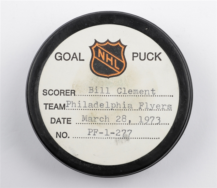 Bill Clements Philadelphia Flyers March 28th 1973 Goal Puck from the NHL Goal Puck Program - 13th Goal of Season / Career Goal #22 of 148