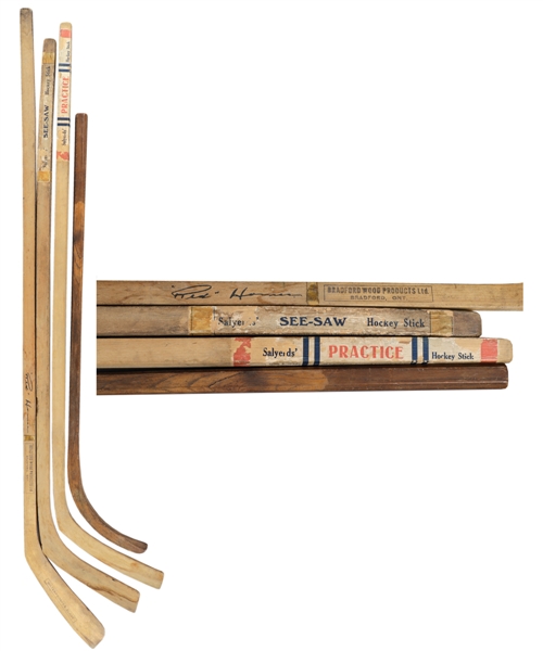 Vintage Hockey Stick Collection of 6 Including 1890s Ice Hockey/Ice Polo Stick, 1910s Salyerds One-Piece Hockey Sticks with Paper Labels (2) and 1930s Red Horner Bradford Stick
