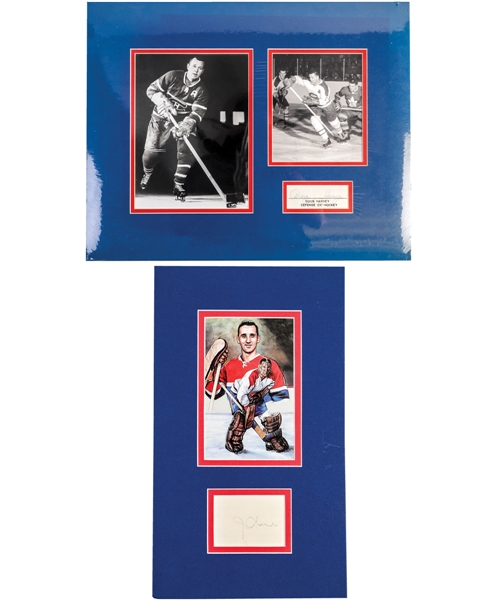 Deceased HOFers Jacques Plante and Doug Harvey Montreal Canadiens Signed Index Cards Matted Displays