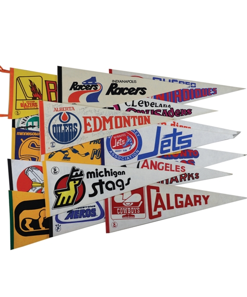 Vintage 1970s World Hockey Association WHA Hockey Pennant Collection of 57 Including 1974-75 Edmonton Oilers Team-Signed Pennant with Jacques Plante