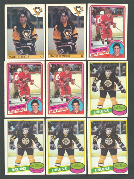 1970s and 1980s O-Pee-Chee and Topps Rookie Card Collection of 47 Including 1980-81 Bourque RC (5), 1984-85 Yzerman RC (3) ans 1985-86 Lemieux RC (2)