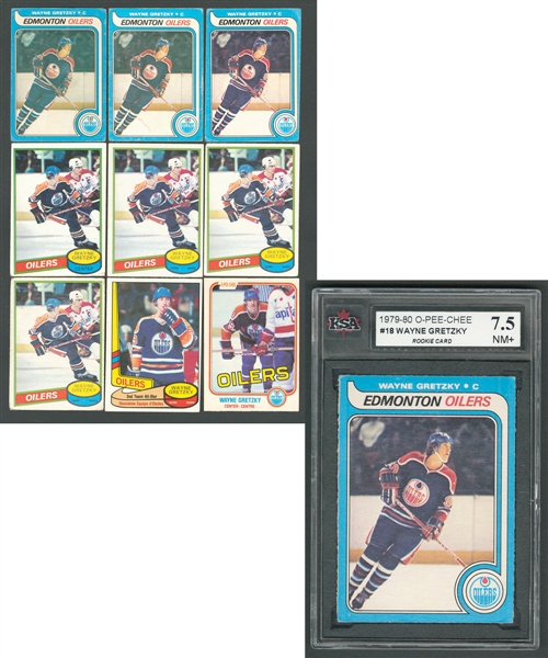 Wayne Gretzky 1970s and 1980s O-Pee-Chee and Topps Hockey Card Collection of 39 Including 1979-80 OPC Rookie Cards (4) with KSA 7.5 Graded Example