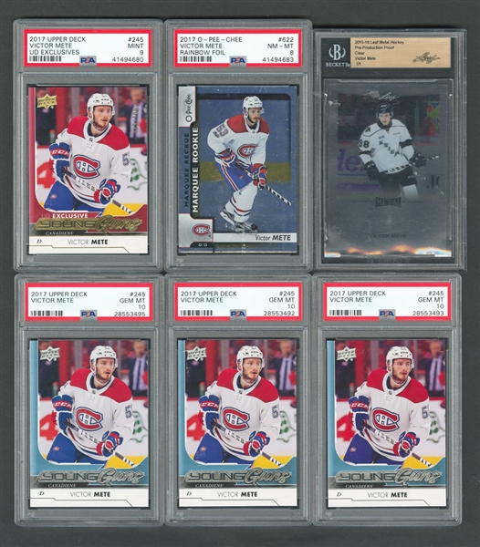 2015-16 and 2017-18 Victor Mete Montreal Canadiens Hockey Card Collection of 22 Including 2017-18 UD Young Guns RC (12 - All PSA 10), 2017-18 UD Premier Rookie Signed/Patch Cards (3) and Many More!