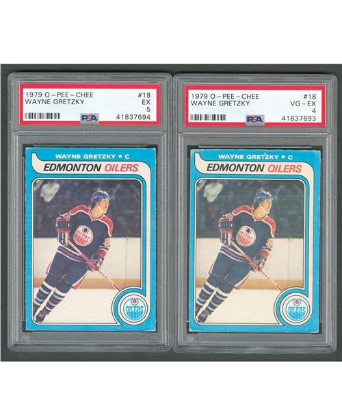1979-80 O-Pee-Chee Hockey #18 HOFer Wayne Gretzky PSA-Graded Rookie Cards (2)