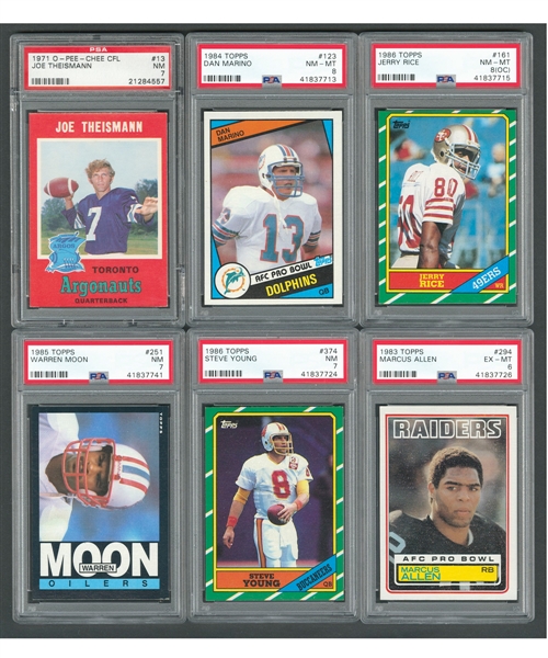 1964-86 NFL and CFL PSA-Graded Football Card Collection of 34 Including 1971 Theismann RC, 1984 Marino RC, 1985 Moon RC (14) and 1986 Rice RC (10)