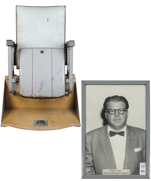 Maple Leaf Gardens Single Grey Seat with Base Plus Wrestling/Boxing Promoter Frank Tunney Framed Photo From Maple Leafs Gardens