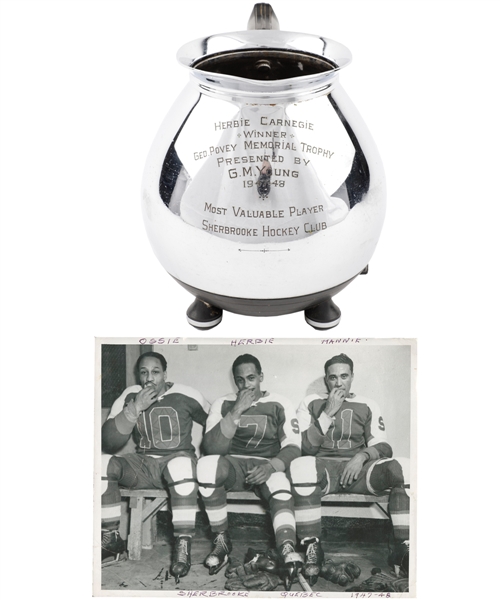 Herb Carnegies 1947-48 Sherbrooke St. Francis Hockey Team "Most Valuable Player" Award Plus Photos (5) with Family LOA