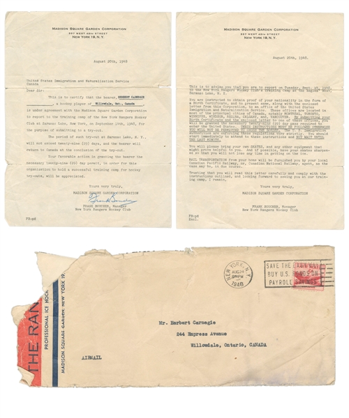 Herb Carnegies August 20th 1948 New York Rangers Try-Out/Training Camp Invitation Letter and Customs Document signed by Frank Boucher with Family LOA