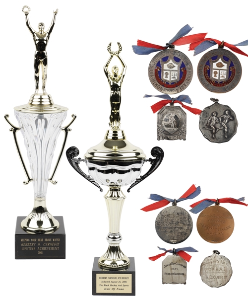 Herb Carnegies 2006 "Black Hockey and Sports Hall of Fame" Trophy, 2001 "Lifetime Achievement" Trophy and 1930s Sports Medals (4) with Family LOA