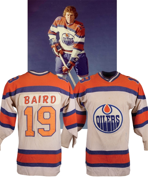 Ken Bairds 1972-73 WHA Alberta Oilers Inaugural Season Game-Worn Jersey - Team Repairs!