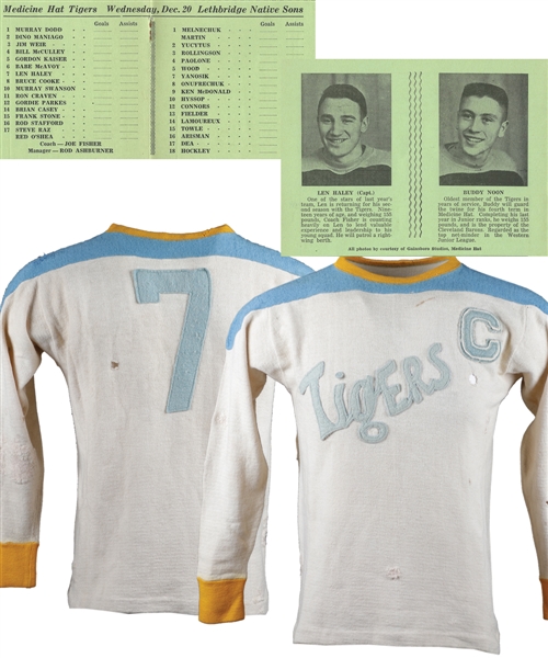 Len "Comet" Haleys 1949-51 WCJHL Medicine Hat Tigers Game-Worn Captains Wool Jersey - Team Repairs!