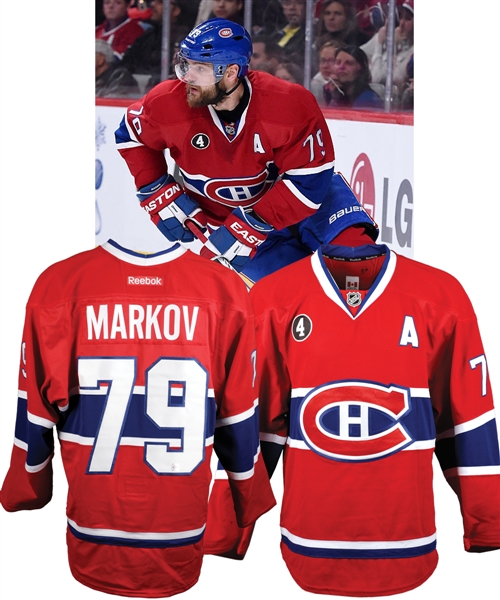 Andrei Markovs 2014-15 Montreal Canadiens Game-Worn Alternate Captains Playoffs Jersey with Team LOA - Beliveau Memorial Patch!
