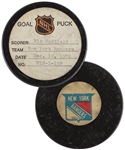Vic Hadfields New York Rangers December 10th 1972 Goal Puck from the NHL Goal Puck Program