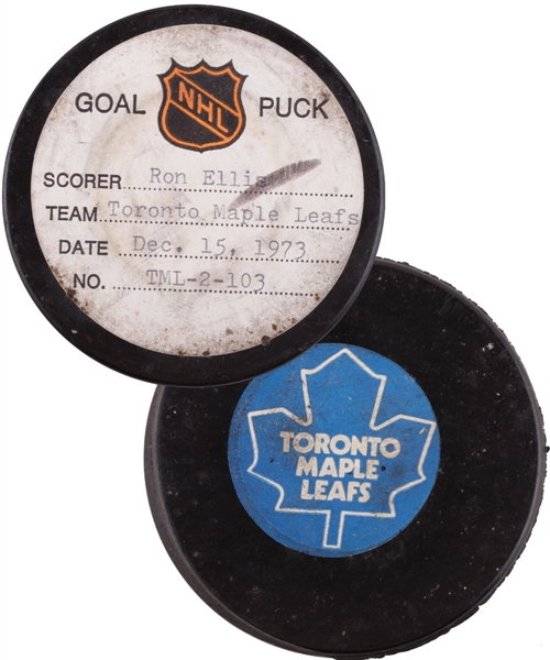 Ron Ellis Toronto Maple Leafs December 15th 1973 Goal Puck from the NHL Goal Puck Program