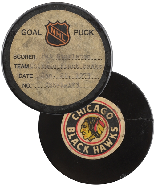 Pat Stapletons Chicago Black Hawks January 21st 1973 Goal Puck from the NHL Goal Puck Program