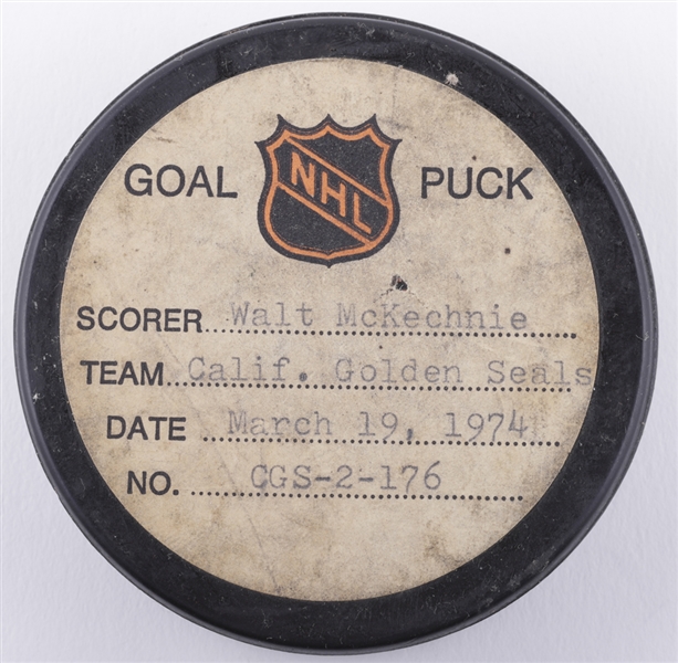 Walt McKechnies California Golden Seals March 19th 1974 Goal Puck from the NHL Goal Puck Program