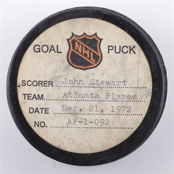 John Stewarts Atlanta Flames December 21st 1972 Goal Puck from the NHL Goal Puck Program