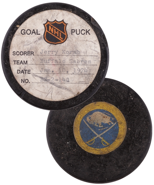 Jerry Korabs Buffalo Sabres January 10th 1974 Goal Puck from the NHL Goal Puck Program