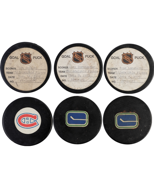 Gary Dornhoefers, Don Saleskis and Ross Lonsberrys Philadelphia Flyers 1972-73 Goal Pucks (3) from the NHL Goal Puck Program