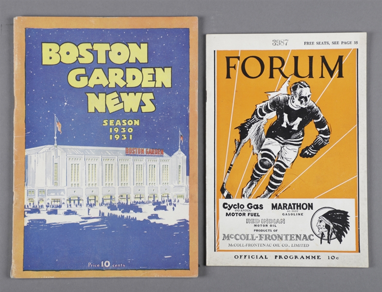 Boston Garden 1930-31 Program (Bruins vs Quakers) and Montreal Forum 1929-30 Playoffs Program (Maroons vs Bruins)