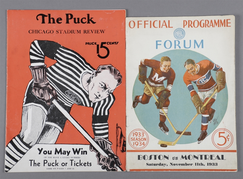 Montreal Forum 1933-34 Program (Maroons vs Bruins) and Chicago Stadium 1934-35 Program (Black Hawks vs St. Louis Eagles)